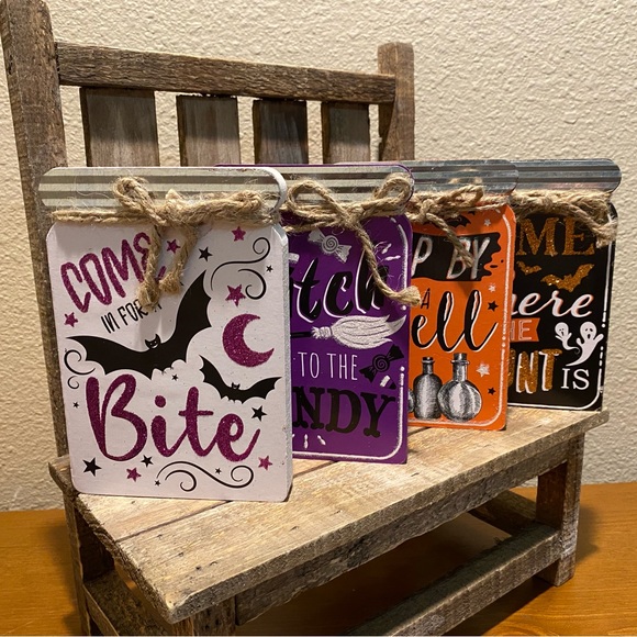 Halloween Decor For Tier Trays, Halloween Mason Jar Shaped Wood Signs Set Of 4 - Picture 4 of 16
